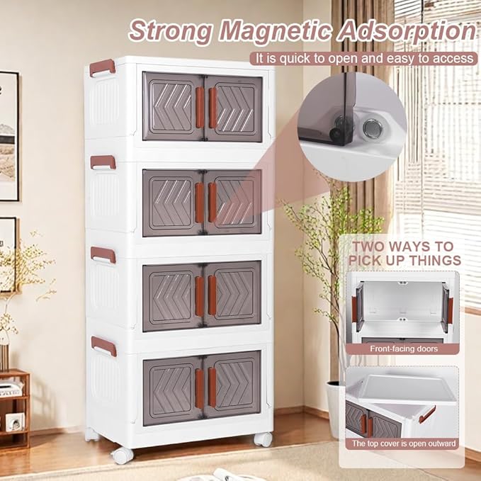 ETOYA 4-Tier Stackable Storage Bins with Lids &amp Wheels - 14.96x10.24x35.43 Collapsible Organizer Foldable Container Plastic Storage Containers for Living Room Office Dorm Organization