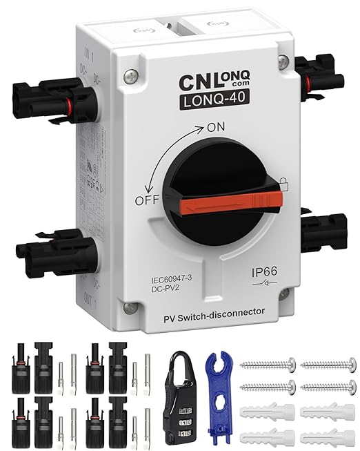 Solar Disconnect Switch 2 Strings 32A DC1500V 2in 2out Rapid Shutoff Isolator Switch with Plug &amp Play Connector and IP66 Outdoor Waterproof for Rooftop Solar Systems RVs and Boats