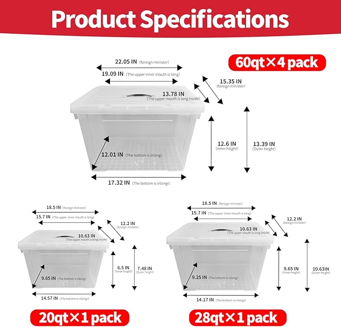 Clear Storage Bins with Lids 4 Pack - 60 Quart Extra Large Storage Totes Boxs - Heavy Duty BPA-Free Organizing Containers Storage Boxes 4pack 60and one 28 qt &amp 20 qt for Home Closet