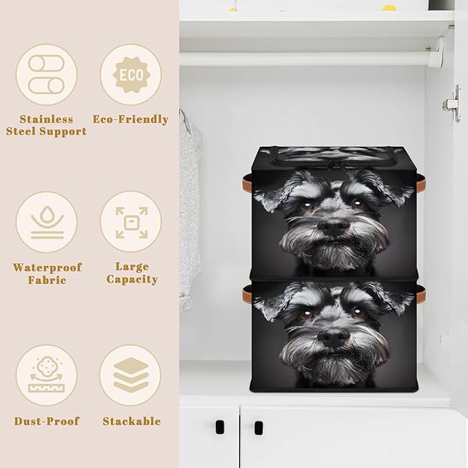 Schnauzer Dog Storage Box with Lid Black Dog Collapsible Storage Bins Baskets Cubes Closet Shelf Clothes Organizer Containers with PU Leather Handles