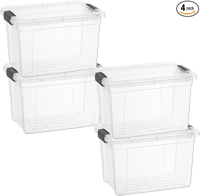 Superio Small Storage Bins with Lids- 4 Pack 4.75 Qt Clear Boxes for Organizing Stackable Plastic Containers- BPA Free Non-Toxic Odor Free Organizer for Home Office Dorm