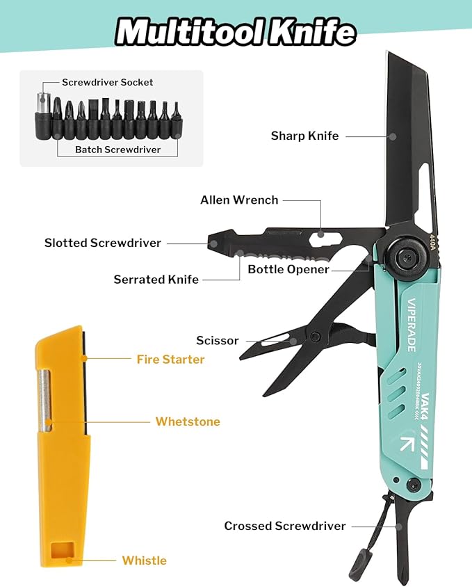 VIPERADE VAK4 Multitool Pocket Knife for Men Multifunctional 21-in-1 Multitool Pocket Knife with Pouch Outdoor Camping Survival and Everyday Use (K4-Blue)