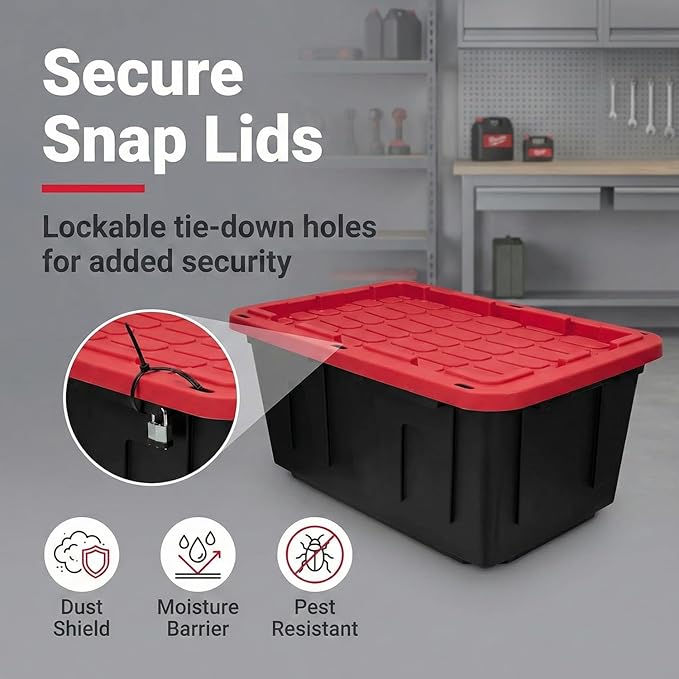 27 Gallon Heavy-Duty Storage Totes with Secure Snap Lids 2-Pack Stackable Plastic Bins for Garage Basement Attic Organization - Black Base &amp Red Lid Lockable Design for Indoor/Outdoor Use (2 P