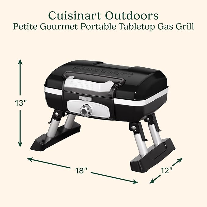 Cuisinart Petite Gourmet Portable Gas Grill Compact &amp Lightweight Tabletop Small Grill for BBQs Camping Tailgates &amp Small Spaces 5500 BTU Burner Folding with Carry Handles Black