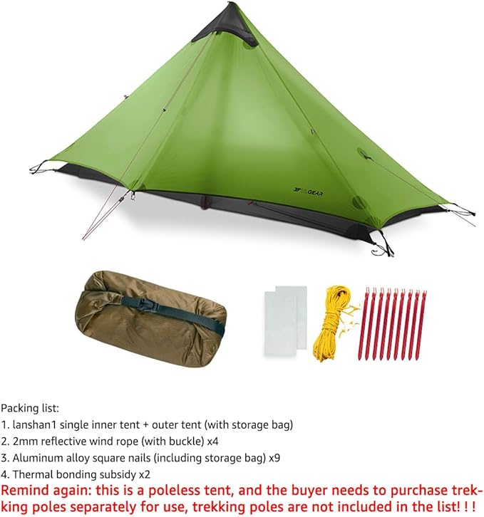 3F UL Gear Lanshan1 Ultralight Tent 3/4 Season Portable Backpacking Tent for 1-Person 15D Silicon Coated Waterproof Poleless Double Layer Tent for Camping Climbing Hiking