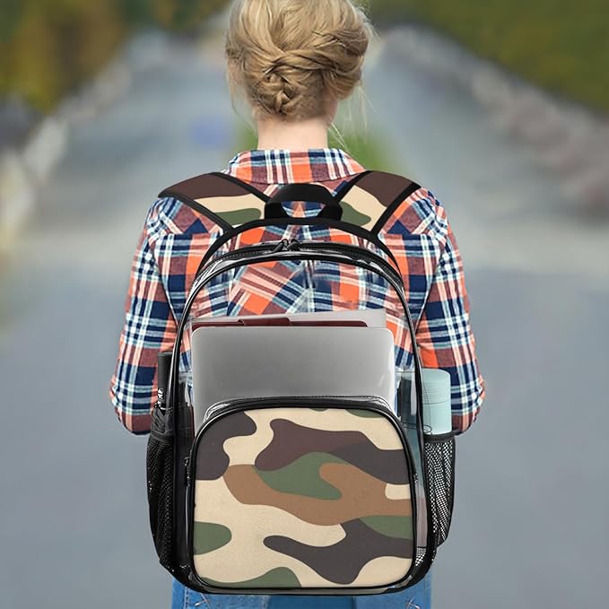 Brown Camouflage Military Heavy Duty Clear Backpack Large PVC Transparent Backpack See Through Bag for Work Sports Travel Security Stadium Events
