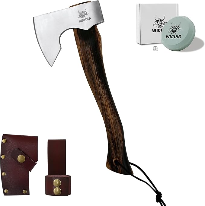 13.5 Inch Hatchet Camping Axe 1055 Carbon Steel and Beech Handle Survival Hatchet with Leather Sheath for Wood Splitting and Kindling