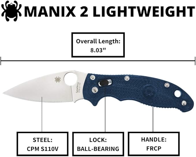 Spyderco Manix 2 Lightweight Folding Pocket Knife with 3.3 CPM S110V Steel Blade and FRCP Handle - EDC Knife for Men and Women Perfect for Hunting Tactical Camping - PlainEdge - C101PDBL2