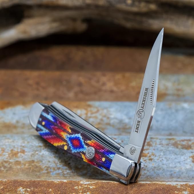 WHISKEY BENT HAT CO. Traditional Trapper Folding Pocket Knife 4.125 Closed Length 440C Stainless Steel Blades (Southwest Starburst)