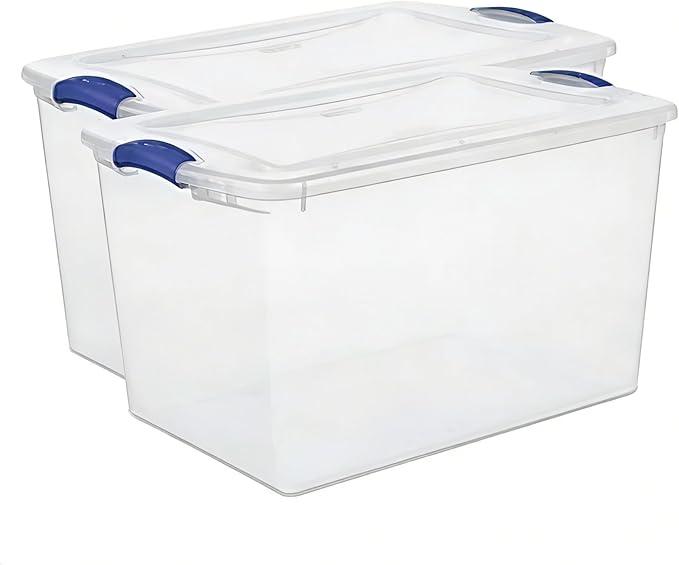 66Qt Large Plastic Storage Bin with Lid Plastic Storage Bin with Durable Lid Stackable and Nestable Clear Tote Container Featuring Blue Buckles Ideal for Organization and Storage Purposes (2-Pack)