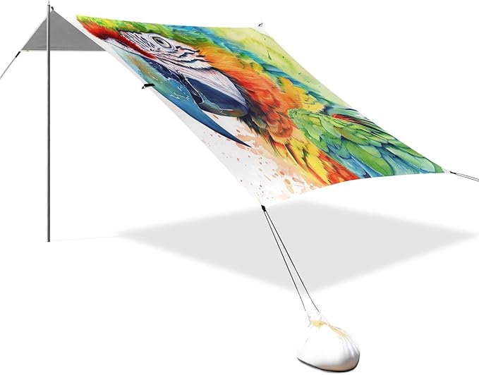 ALAZA Parrot Portrait Watercolor Beach Tent Sun Shelter UPF50+ Protection Beach Shade Canopy w/ 4 Sandbags for Outdoor Camping Fishing Backyard Fun Picnic 10x9 ft