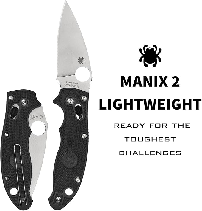 Spyderco Manix 2 Lightweight Folding Pocket Knife with 3.3 CTS BD1N Steel Blade and FRCP Handle - EDC Knife for Men and Women Perfect for Hunting Tactical Camping Survival - PlainEdge - C101PBK2