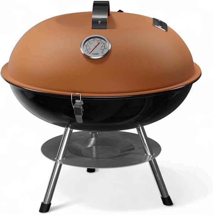 GasOne – 14-inch Portable Barbecue Grill with Thermometer - 3-Point Locking Lid for Heat Preservation – Dual Venting System – Small Charcoal Grill for Backyard Camping Boat