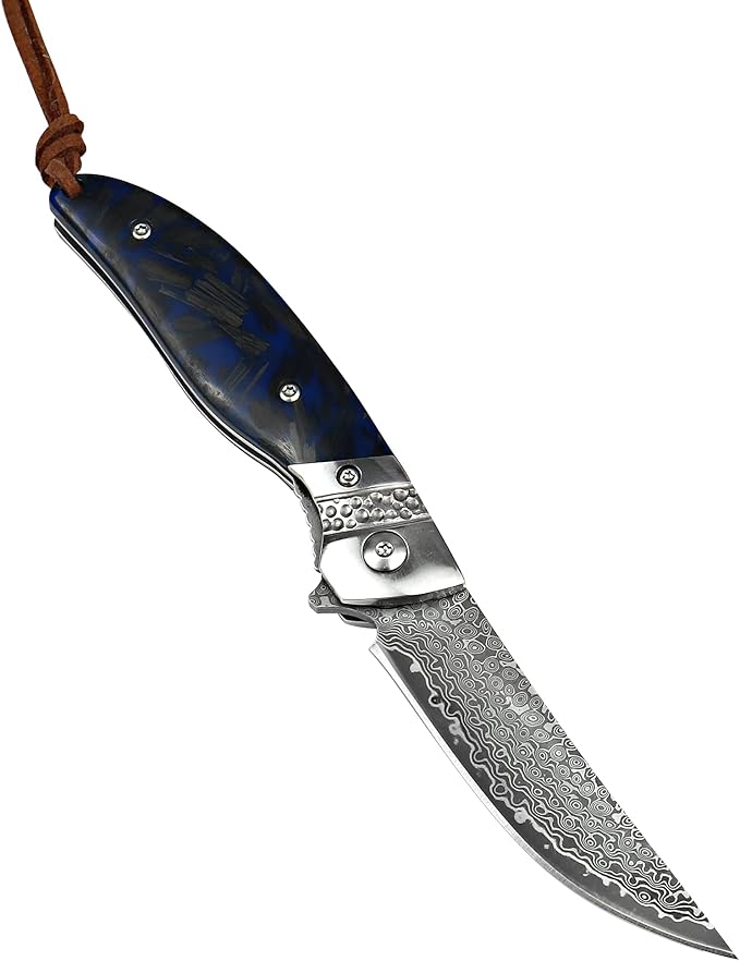 ALBATROSS Premium Damascus Folding Pocket Knife - EDC with Blue Fluorescent Carbon Handle Ball Bearing Assisted Opening Liner Lock for Camping Hunting - HGDK028-BE