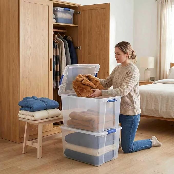 （4-Pack） 66QT Transparent Plastic Storage Box with a Secure Locking Cover Stackable Suitable For Organizing Household Items Garage and Office Use.