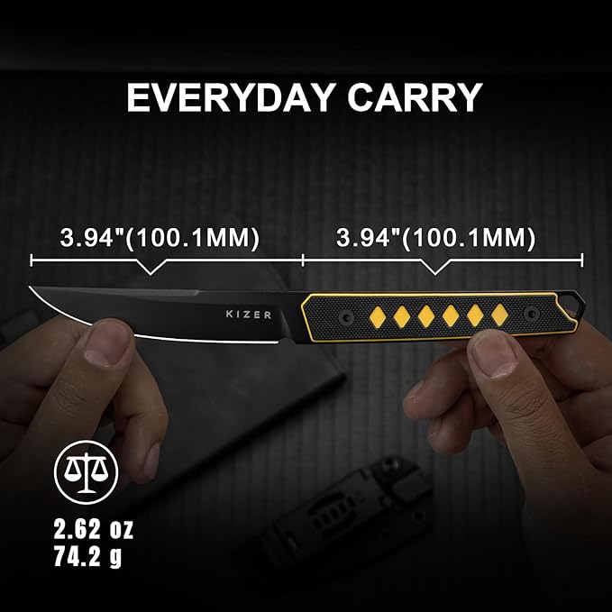 Kizer Kwaiken Fixed Blade Knife 3.94 Nitro-V Blade Hunting EDC Knife with Black &amp Yellow G10 Handle Survival Knife with Adjustable Sheath for Hiking Camping Outdoor Knives 1066A3