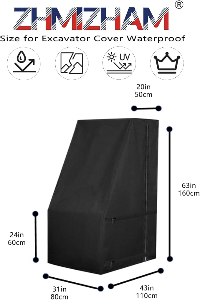 Excavator Cover Waterproof Digger Covers with Zipper and 2 Adjustable Velcro Excavators Protection Heavy Duty 600D Oxford cloth (43*31*24/63inchBlack)