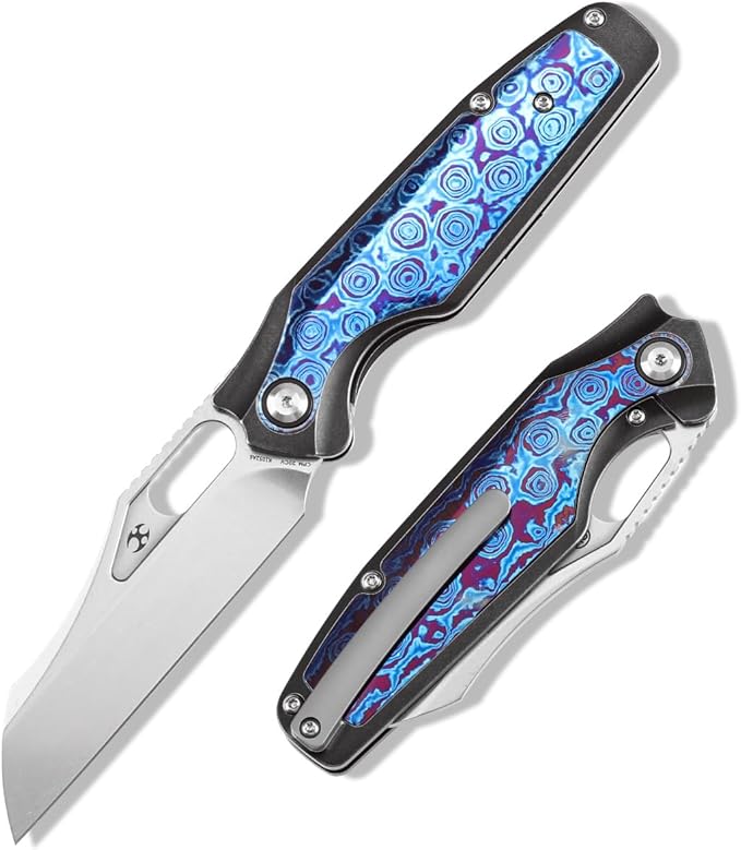 KANSEPT Tuckamore Camping Pocket Knives for Men 8.12in Folding Pocket Knives with 3.54in Stonewashed CPM 20CV Material and Blackwash Titanium Timascus Handle for Outdoor Tactical Survival K1052A6