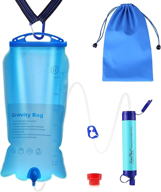 SimPure Gravity Water Filter Portable Gravity-Fed Water Purifier with 3L Bag Tree Strap BPA Free Survival Gear and Equipment for Camping Hiking Emergency Preparedness