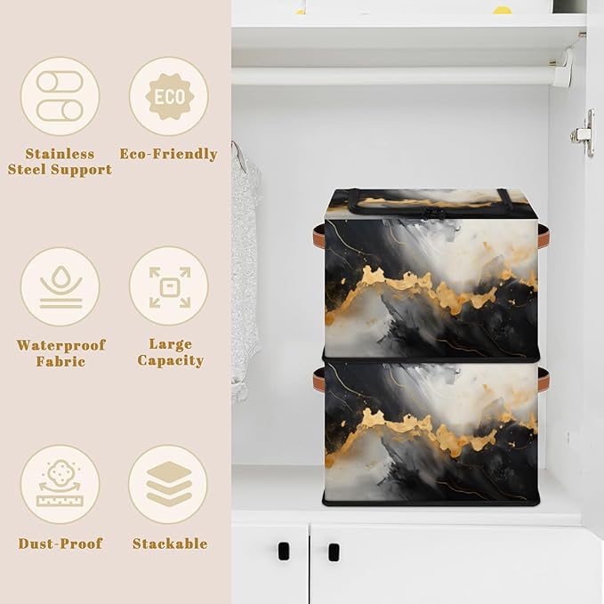 Marble Storage Bins with Zipper Lid Gold Black Marble Fabric Lidded Storage Baskets Cubes with Handles Decorative Foldable Shelf Closet Organizer Container