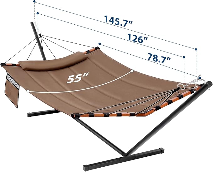 TegerDeger 12FT 2 Person Hammock with Stand Included 55 x 79IN Large Hammock 450LB Capacity with Hardwood Spreader Bar &amp Nylon Rope for Outside Patio Garden Backyard Beach Poolside - Brown