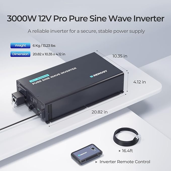 Renogy 3000W 12V Pro Pure Sine Wave Inverter 12V DC to 110V 120V AC Built-in Bluetooth Ecosleep Mode with 16.4FT Remote Controller Support Pre-Charging 6000W Peak Power Truck RV Home Energy