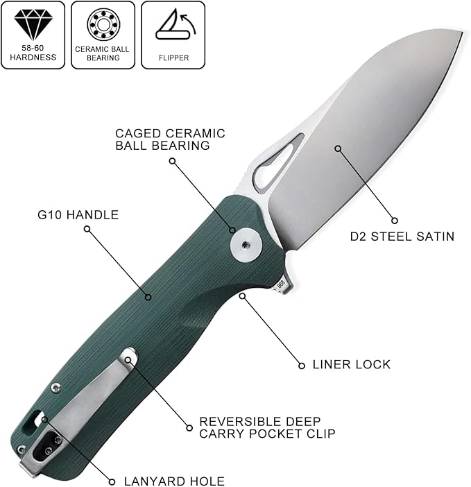 Petrified fish PF868 Bunta3.35 D2 Satin Blade146g G10 Handle Flipper Folding knife (Green G10)