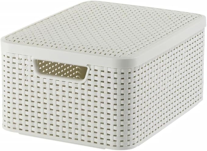 Curver Storage Box with Lid Rattan Look Plastic Storage Basket 39.3 x 29.3 x 18.7 cm Stackable Ecru