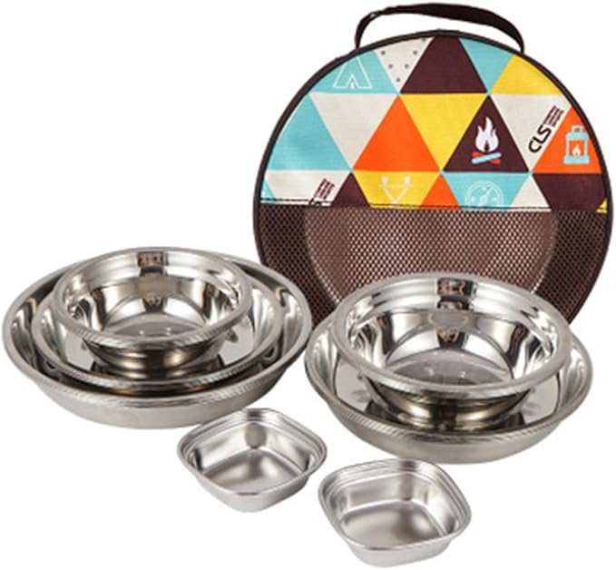 GALPADA Stainless Steel Outdoor Dining with Plates Bowls Cutlery Compact Camping Tableware Kit for Beach BBQ Hiking and Picnic Use