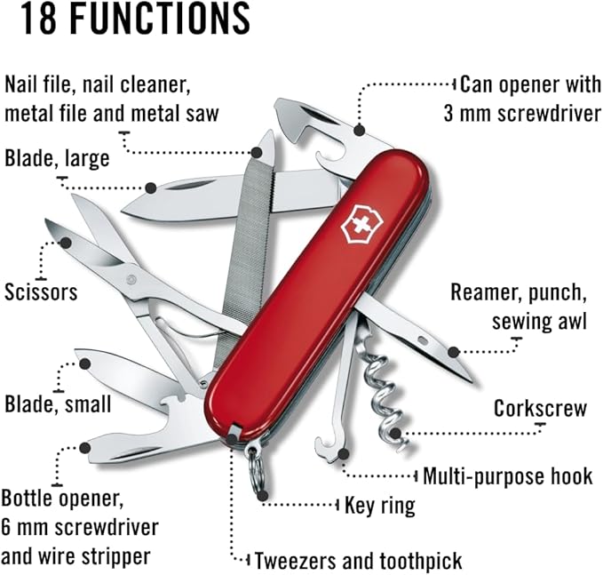 Victorinox Mountaineer Swiss Army Knife 18 Function Swiss Army Knife with 2 Blades Corkscrew Scissor and Hook - Red
