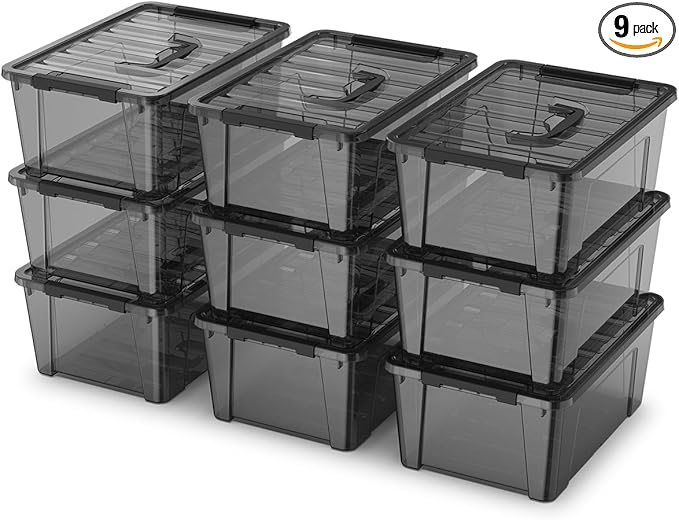 9-Pack Plastic Storage Bins with Lids 6 Quart Stackable Organization Containers with Latch Buckle.Clear Black