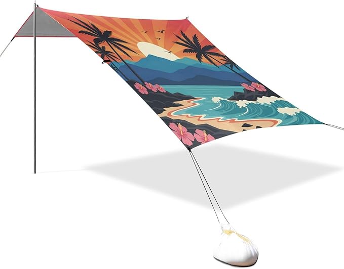 xigua Sunset Beach Tent Sun Shelter with Carrying Bag - Silver Coated Oxford Fabric Beach Canopy for Beach Camping Fishing - Includes Windproof Ropes Sandbags &amp Stakes