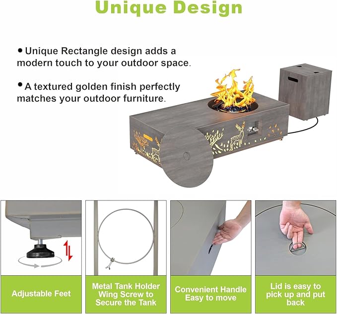 SUNPEAK 48 Round Burner Propane Fire Pit Table with LED Light – 50000 BTU Fire Pit Table with Lid Rocks Cover and Tank Storage - Modern Outdoor Large Fire Table (Grey/Deer Cutout 48 LED)