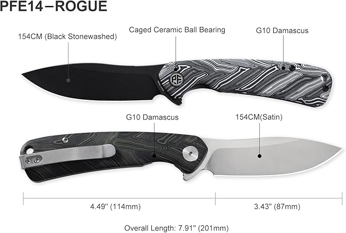 Petrified fish PFE14 Rogue Folding Knife3.43 154CM Steel Satin Blade G10 Handle Pocket knife for Camping Outdoor EDC (Green Satin)