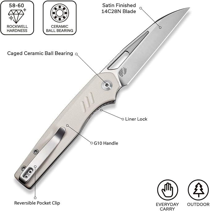 CIVIVI Guile Pocket Knife Folding Knife for EDC 3.25 Swedish 14C28N Blade G10 Handle with Reversible Deep-Carry Clip C24062B-3 (Ivory)