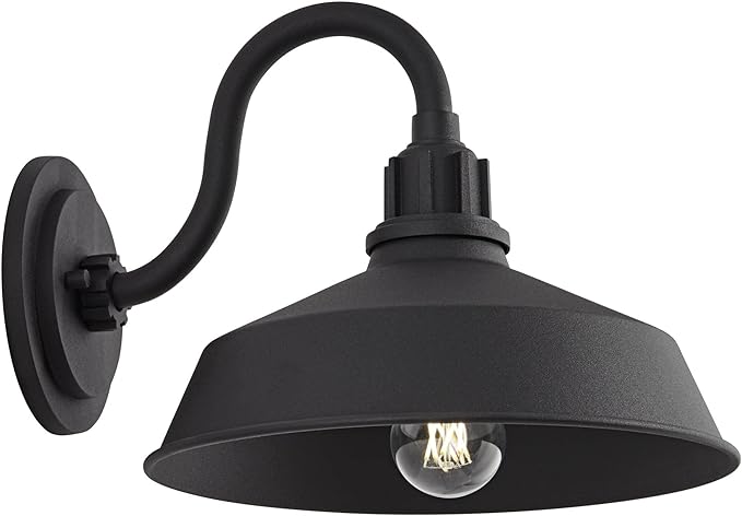 Franklin Iron Works Arnett Rustic Urban Barn Outdoor Wall Light Fixture Smooth Black Aluminum 10 1/2 Gooseneck Arm for Exterior House Porch Patio Outside Deck Garage Yard Front Door Garden Home