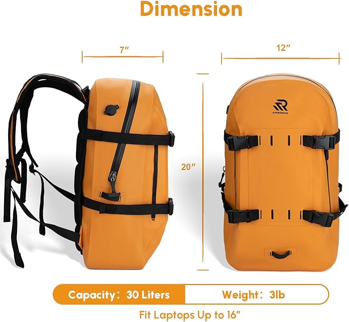 IPX7 Waterproof Backpack for Kayaking Paddle Boarding Boating Premium 30L Dry Bag with Resin Zipper Airtight Rugged Gear Protection Large Capacity for Men Water Sports Surfing Orange