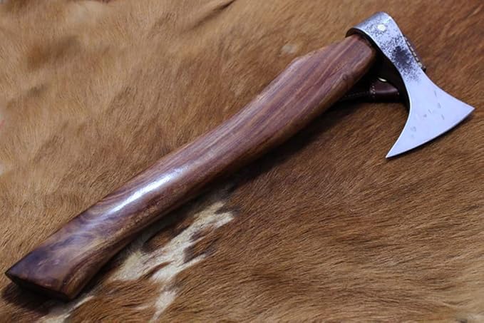 Damascus Depot Tomahawk Axe Bearded Hiking Battle Axe 15 Inches Long Hand Hammered Carbon Steel Axe with Rose Wood Round Handle Thick Cow Hide Leather Sheath