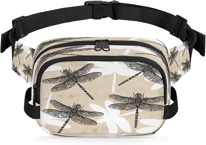 Hand Painted Abstract Dragonflies Waterproof Fanny Pack for Women Men Adjustable Waist Bag with Double Zipper Pockets Lightweight Square Hip Pack for Running Travel Hiking Workout Cycling