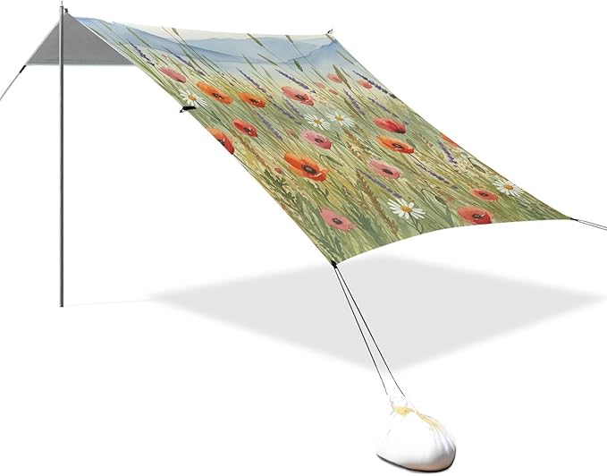 xigua Wildflowers Beach Tent Sun Shelter with Carrying Bag - Silver Coated Oxford Fabric Beach Canopy for Beach Camping Fishing - Includes Windproof Ropes Sandbags &amp Stakes