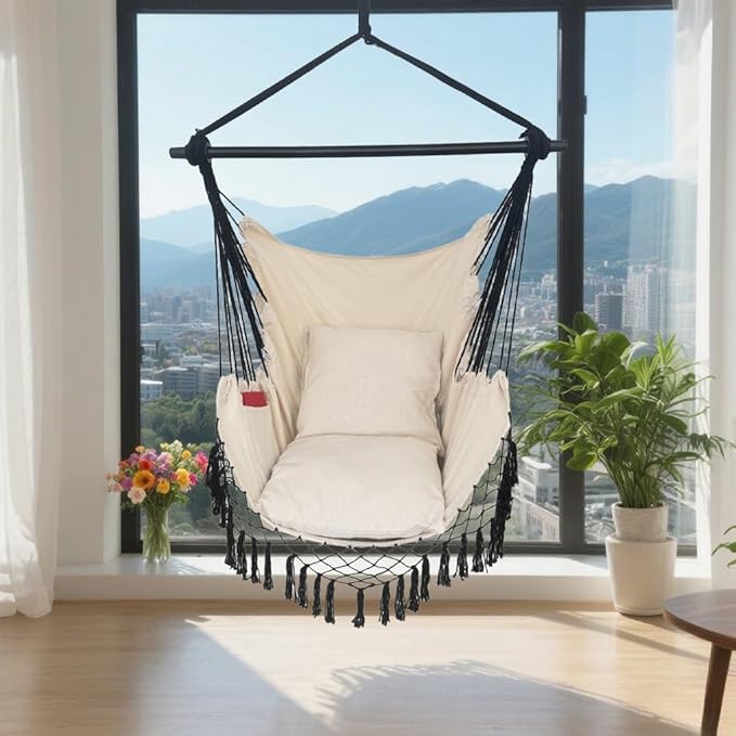 Hammock Chair Hanging Rope Swing ChairMax 450 Lbs Large Hanging Chair with Pocket 2 Cushions Removable Steel Bar Hardware Kit Included Sturdy and Comfortable for Indoor Outdoor (Beige)