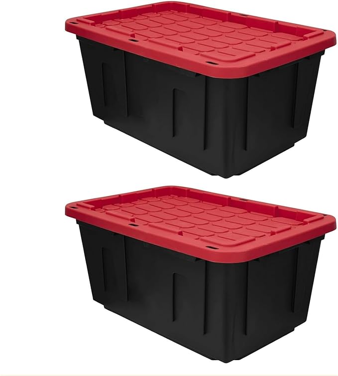27 Gal Industrial Tote2 Pack Large Storage BinBlack with Red Lid Plastic Storage Container Stackable &amp Nestable Heavy Duty Storage Totes Suitable for Garages Basements or Outdoors (2 Pack)