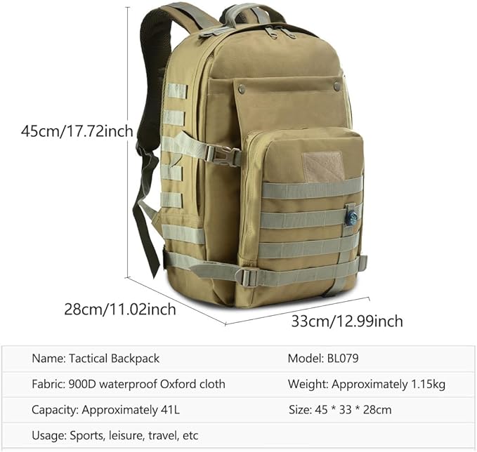 41L Military Tactical Backpack For Men Camping Hiking Trekking Daypack Rucksack Bag MOLLE 3 Day Assault Pack (Black)