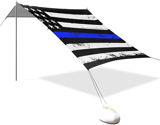 Vintage American Police Support Flag Foldable Beach Canopy UPF50+ Water-Resistant Sun Shelter Includes Sand Shovel Sandbags Stability Poles for Family Trips Picnics &amp Camping