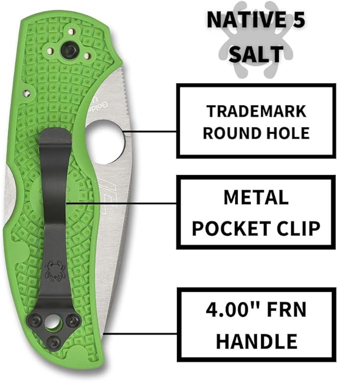 Spyderco Native 5 Lightweight Salt Folding Knife with 2 LC200N Steel Blade and Green FRN Handle - EDC Knife for Men and Women Perfect for Hunting Tactical Camping Survival - SpyderEdge - C41SGR5