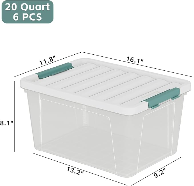 20 Quart Clear Plastic Storage Bins with Lids 6 Packs Latch Storage Container Box