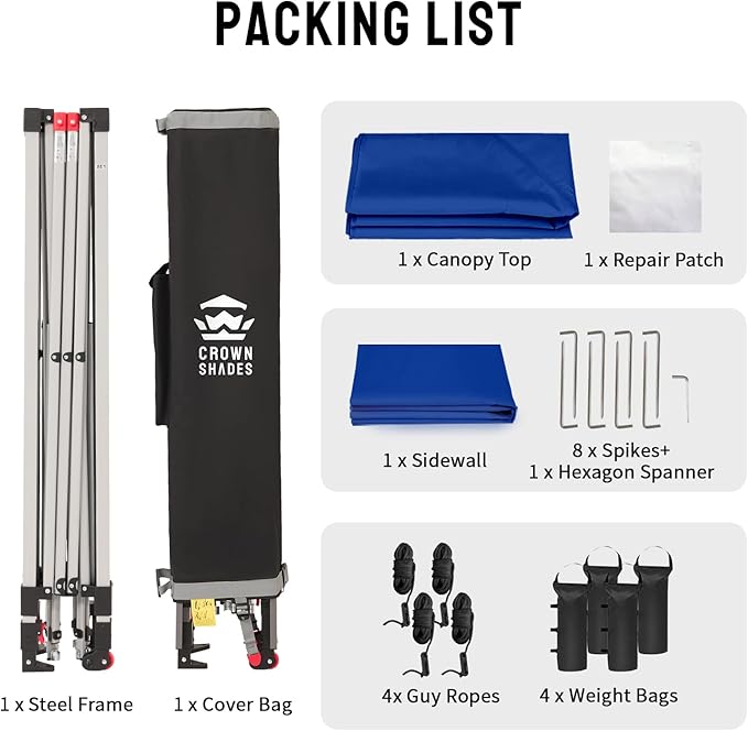 CROWN SHADES 10x10 Pop Up Canopy with 1 Side Wall - Beach Tent with One Push Setup - Outdoor Sun Shade for Events Parties Camping - Gazebo with STO-N-Go Cover Bag (Navy Blue)