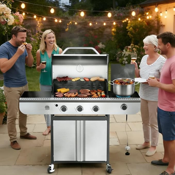 3-Burner Propane Gas Grill with Side Burner 34000 BTU Stainless Steel BBQ Grill – Heavy-Duty Porcelain-Enameled Grates for Patio and Outdoor Cooking