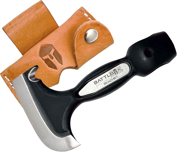 BATTLBOX Skachet Axe Head Skinner Hammer Hatchet Vintage Survival Tool - 3.5in Carbon Steel Blade Edge - Genuine Leather Sheath Belt Loop - Bushcraft Outdoor Survival Ax Skatchet