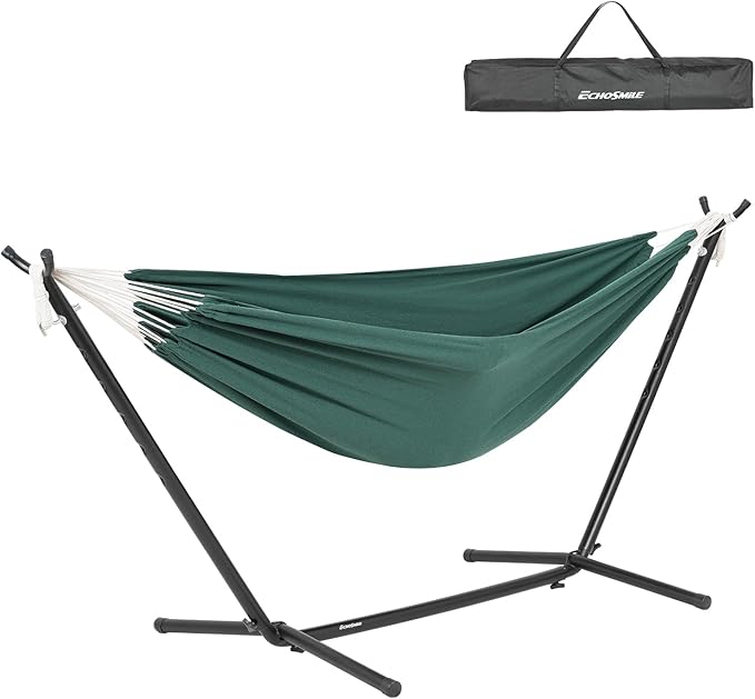 EchoSmile Double Hammock with Detachable Stand - 480 lbs Heavy Duty 2 Person Adjustable Hooks Indoor Outdoor Stand Hammock Durable Steel Frame Green